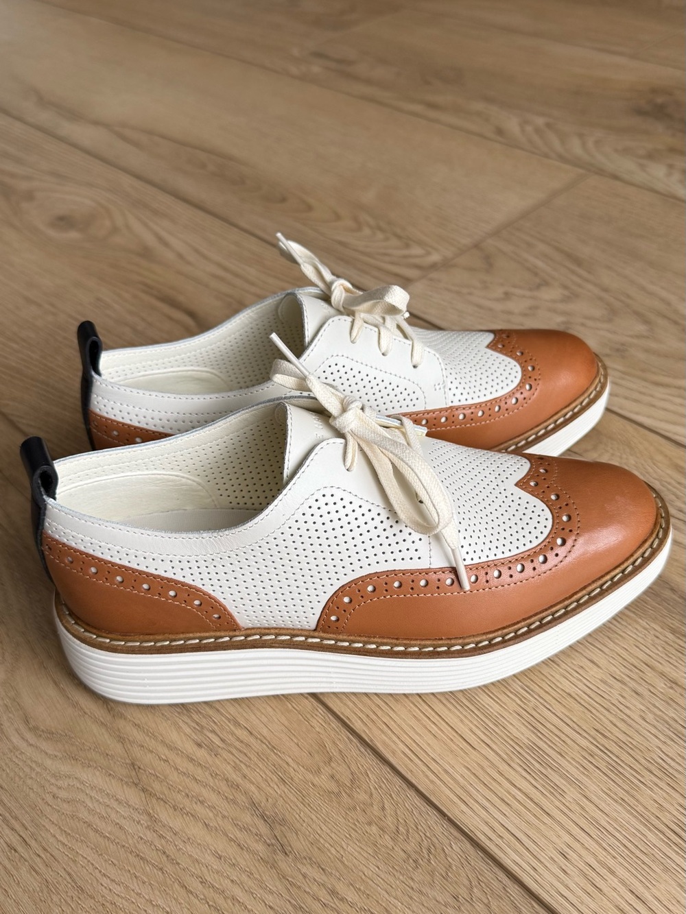 Cole Haan White and Tan Perforated Wingtip Platform Oxfords
